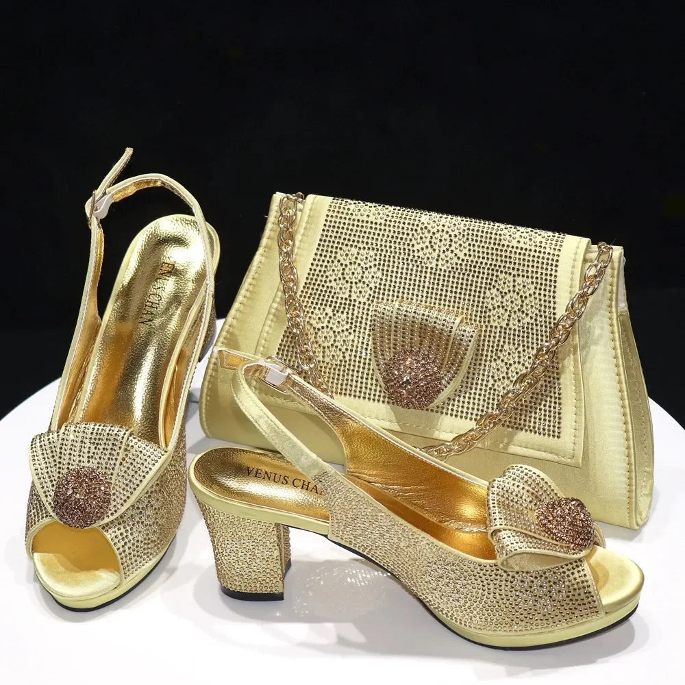 Venus Chan 2024 Italian Design Girly Style Golden Color Wedding Shoes And Bag Full Diamond Decoration Metal Closure Bags
