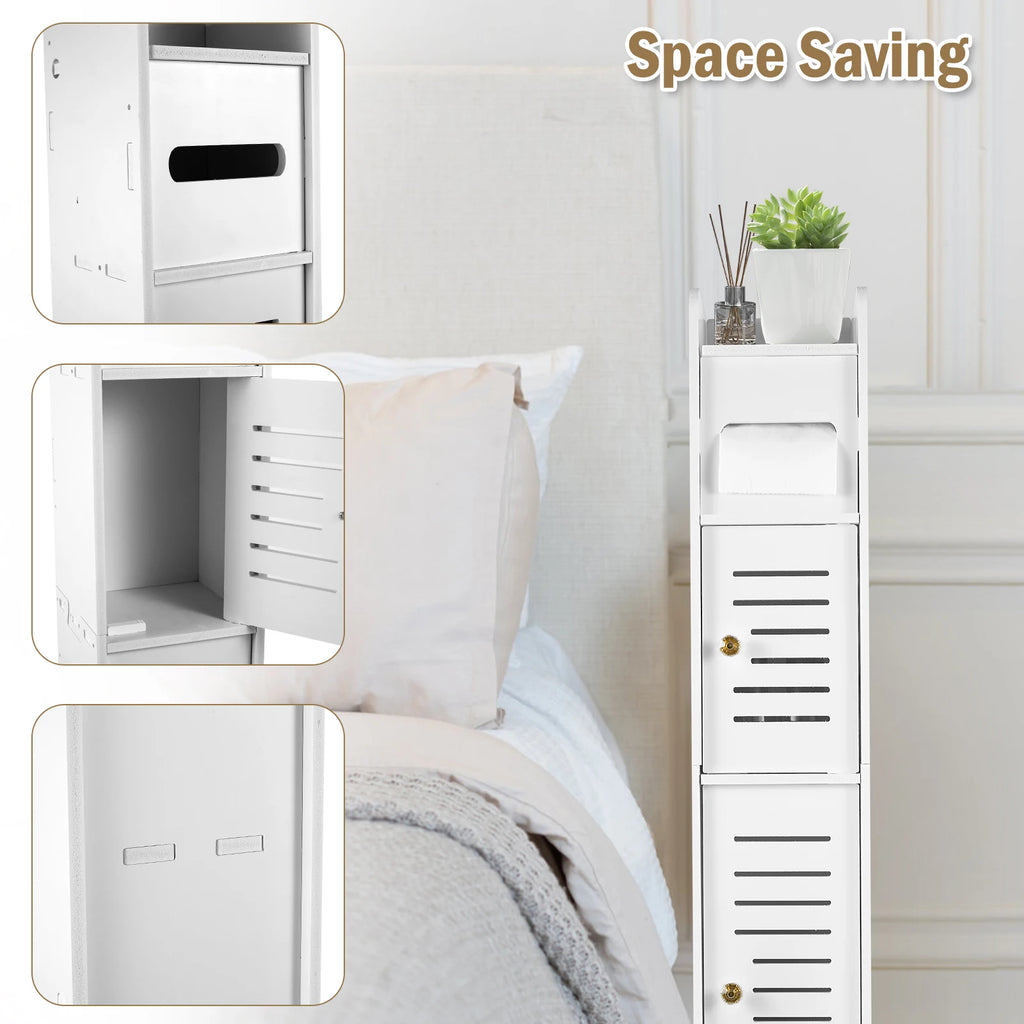 خزانة تخزين الحمام ذات الثلاث طبقات، منظم خزانة أرضية مع باب، حامل لفائف ورق التواليت قائم بذاته، خزانة تخزين مرحاض ضيقة