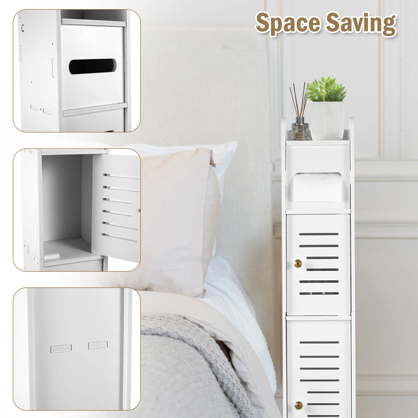 خزانة تخزين الحمام ذات الثلاث طبقات، منظم خزانة أرضية مع باب، حامل لفائف ورق التواليت قائم بذاته، خزانة تخزين مرحاض ضيقة