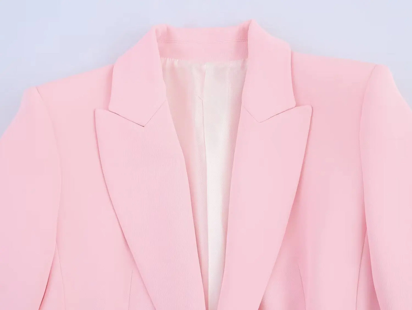 طقم نسائي وردي من HH Fashion، يتكون من سترة ريشية بياقة مطوية وأكمام طويلة وصدر واحد + بنطال طويل بسحاب وجيوب وخصر مرتفع