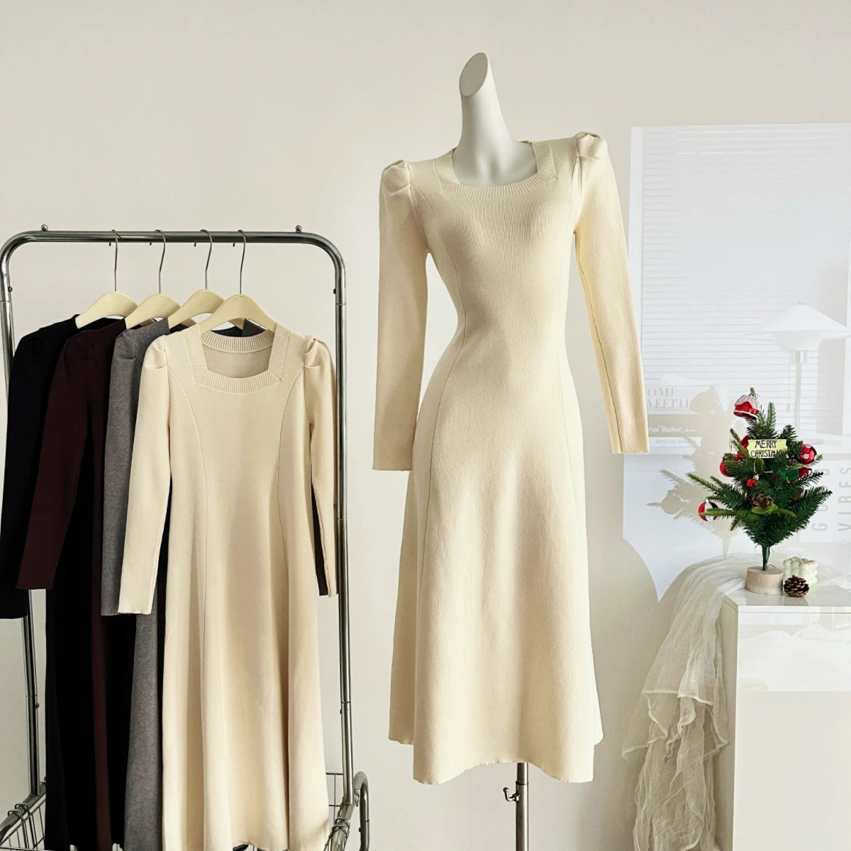 French Fashion Casual Women Inside Knitted Long Dress 2025 Spring New Long Sleeves Elegant Party Dresses Simple Vestidos Largos SwiftNest