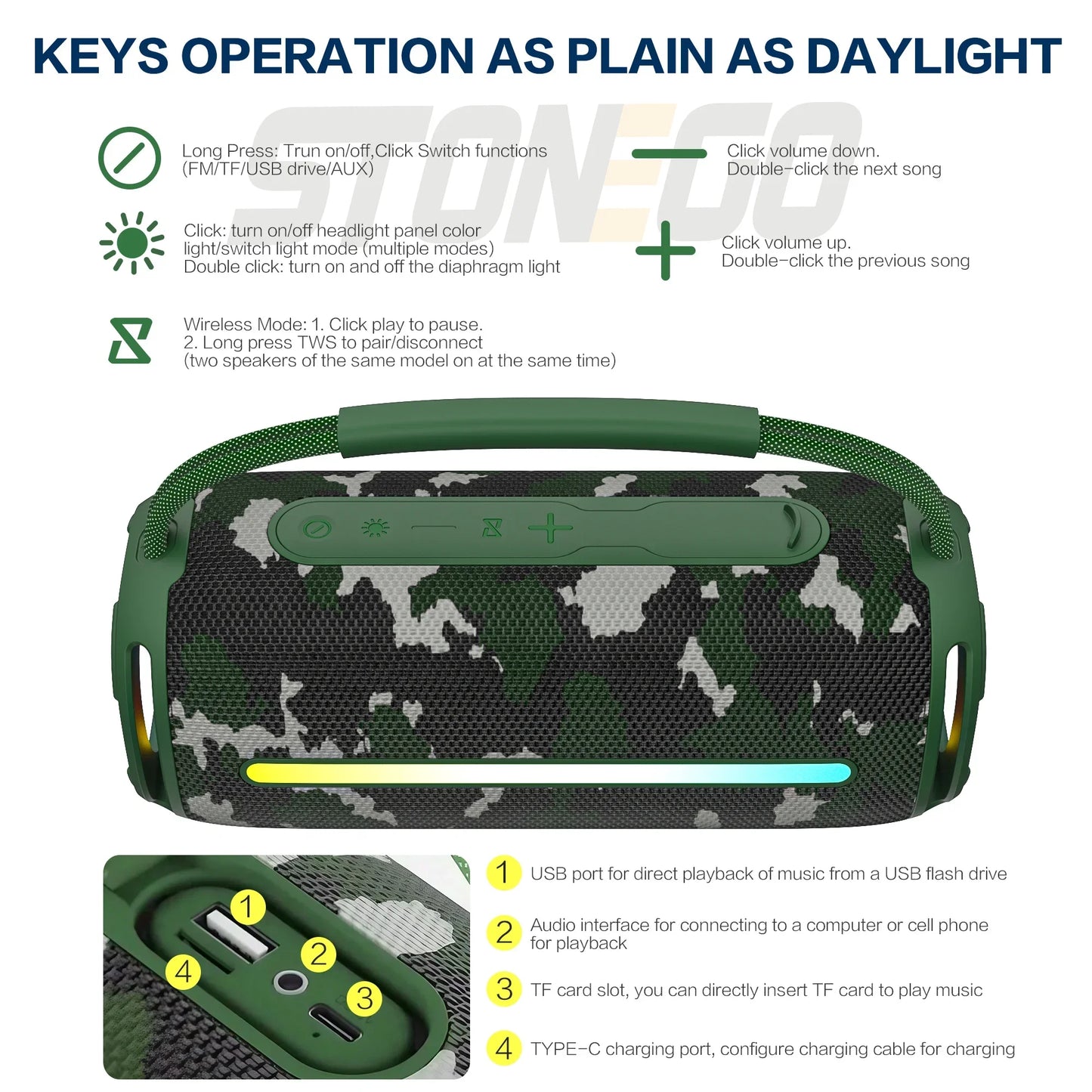 Outdoor Portable Bluetooth 53 Wireless Speaker IPX6 Waterproof High Power Audio RGB Lantern Subwoofer