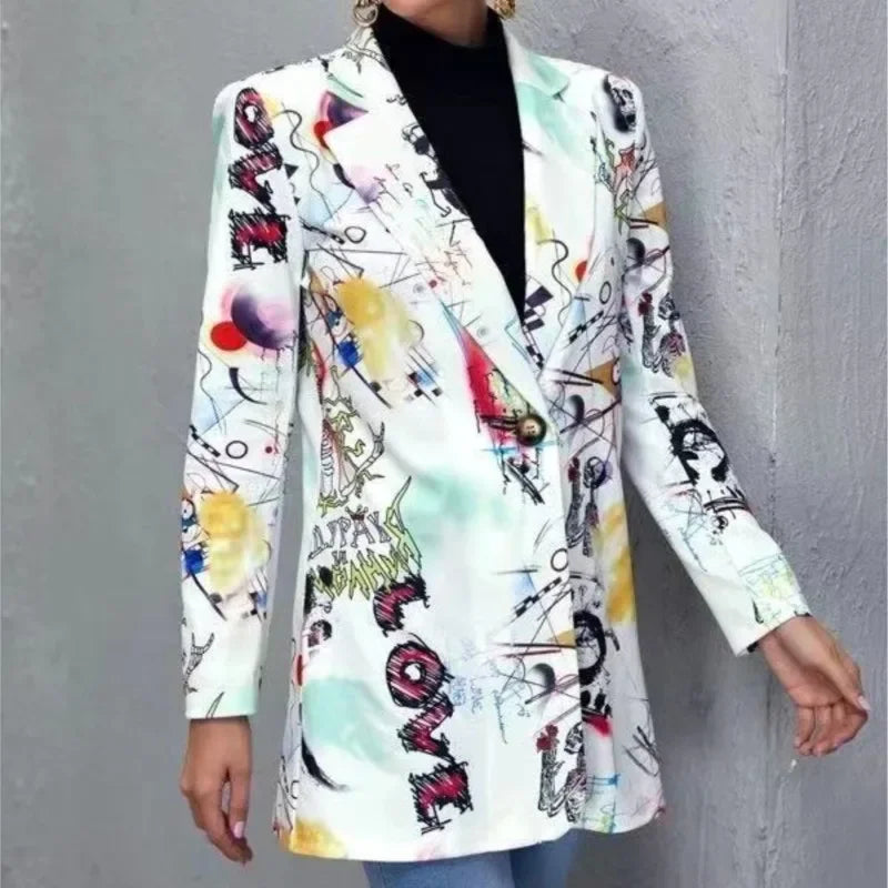 ملابس نسائية خريف 2025 أزياء الملكة مطبوعة بقصة ضيقة غير رسمية وياقة وأكمام طويلة وسترة متوسطة الطول بدلة صغيرة