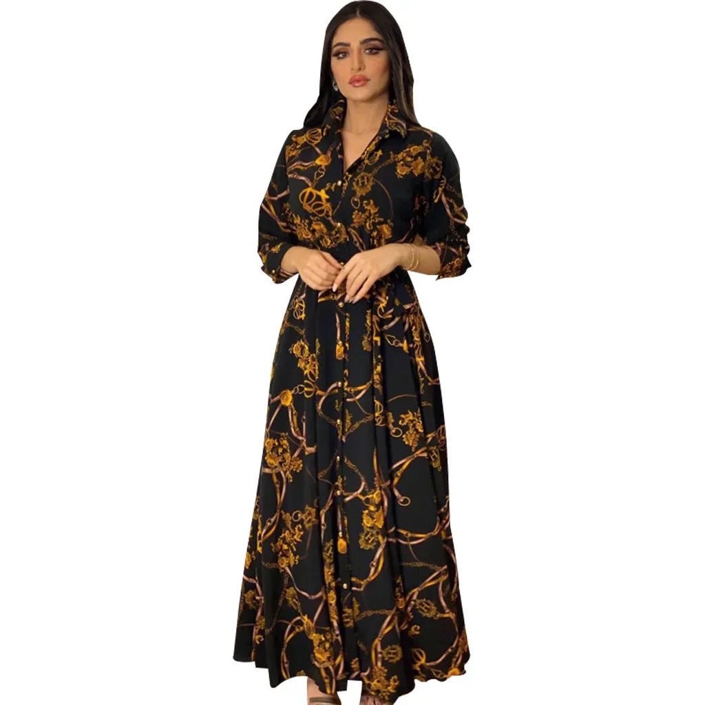 Women's Fashion  New Sexy Elegant Dress Temperament Digital Printing Long Shirt Dress Ladies Elegant Commuter Casual Dress