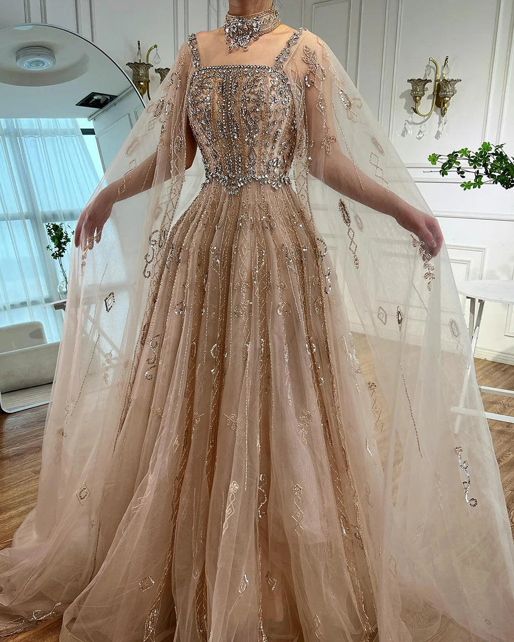Serene Hill 2025 Arabic Nude A Line Cape Sleeve Crystal Beaded Luxury Evening Dresses Gowns Formal Occasion Customize BLA72764