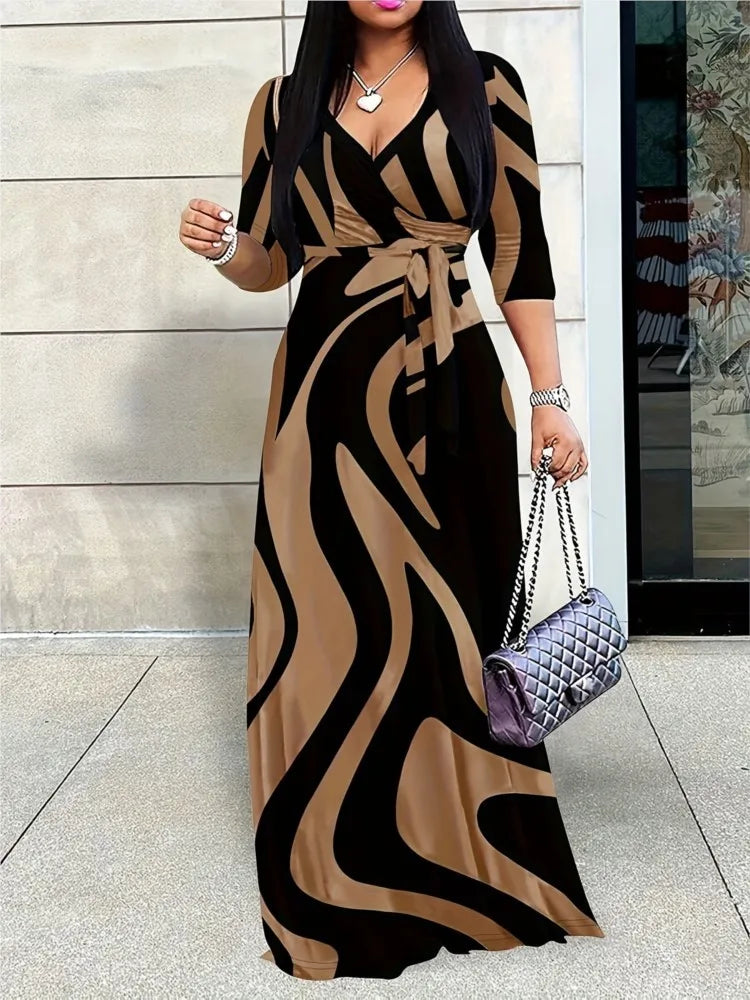 Women's Fashion Print Dress For Women Casual Sexy Deep V Neck Lace-Up Loose Dresses Robe Femme Summer Holiday Womens Clothing