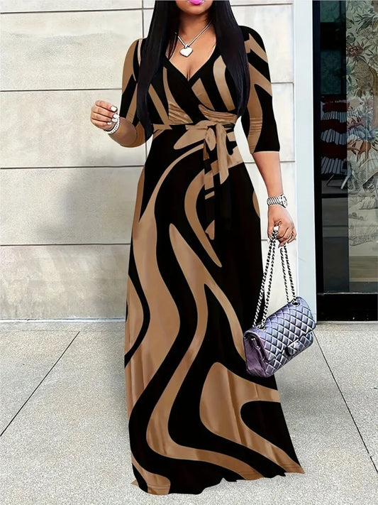 فستان نسائي مطبوع أنيق للنساء، فستان فضفاض برباط وفتحة رقبة على شكل حرف V، فستان نسائي صيفي مناسب للعطلات