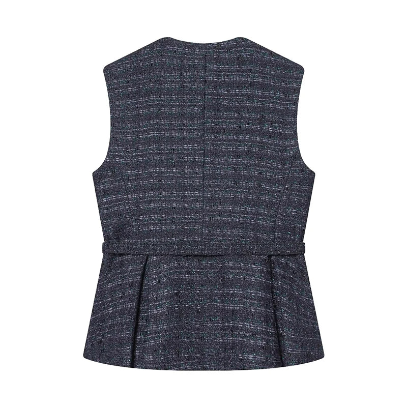 Women's Waistcoat Fashion With Belt O-Neck Sleeveless Vests Vintage Female Outerwear Chic Tops