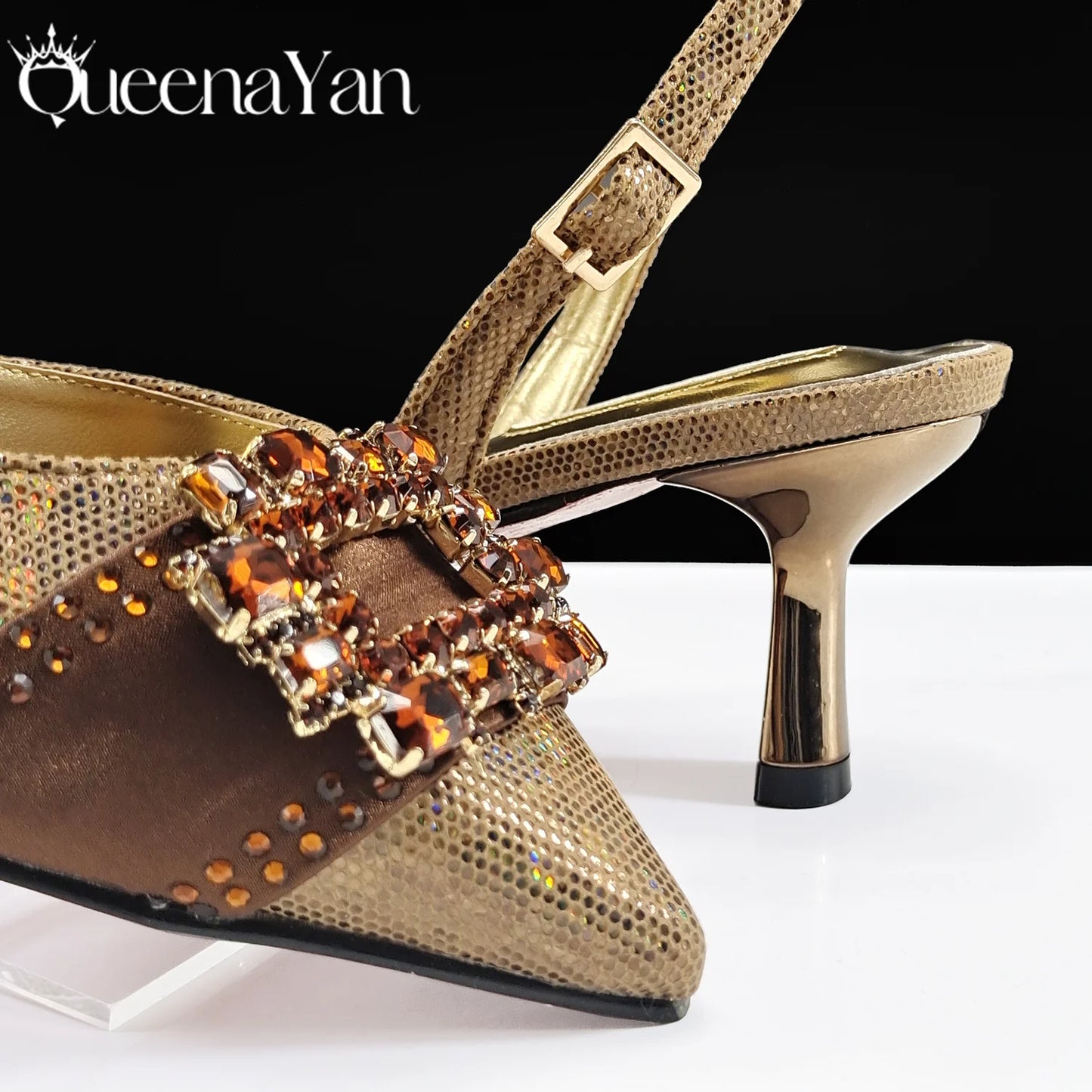 Spot Goods Italian Fashion Women Heels Elegant Color Block Design Brown Shoes And Bag Full Rhinestone Party Bag