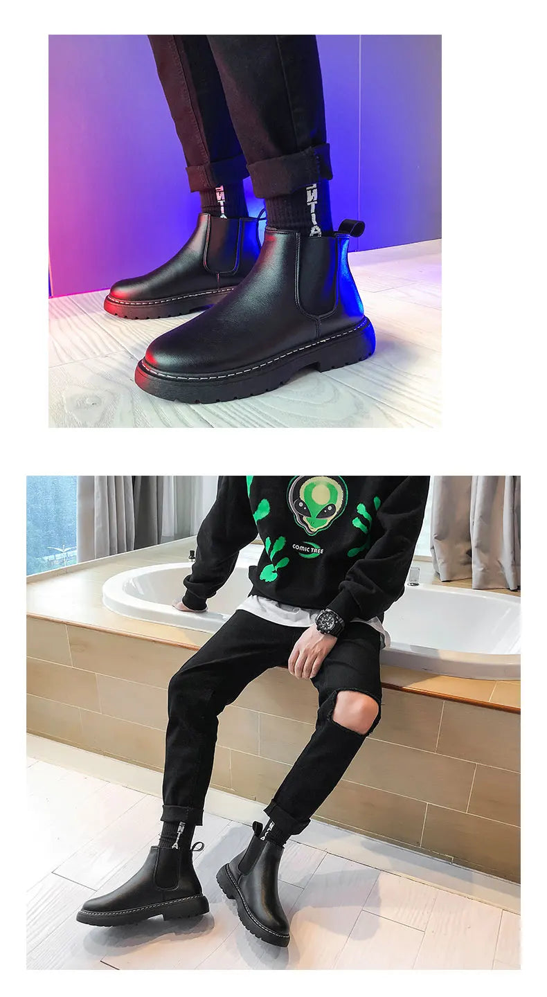 Mens Handmade Leather Chelsea Boots Elastic Sides Business Casual Dress Shoes Anti Slip Sole Comfortable Black Footwear