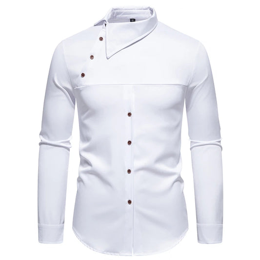 Fashion Man Stand Collar Shirt  Personality Oblique Button Irregular Long Sleeve Business Festival Hombre Mens Dress Shirts