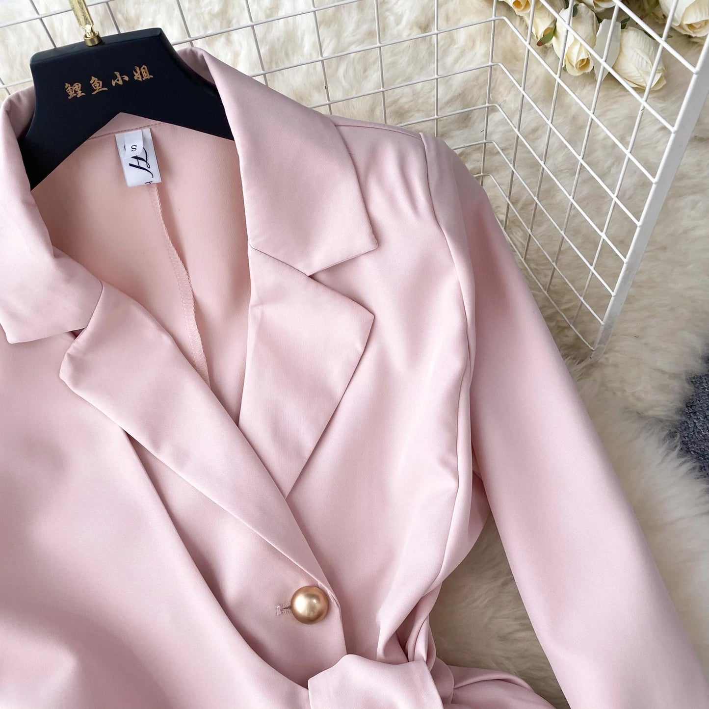 Women's Fashion Trendy Office Coat Dress Ladies Age Reduce Suit Collar Strap Tight Fit Short Pleated Long Sleeve Dress Coat