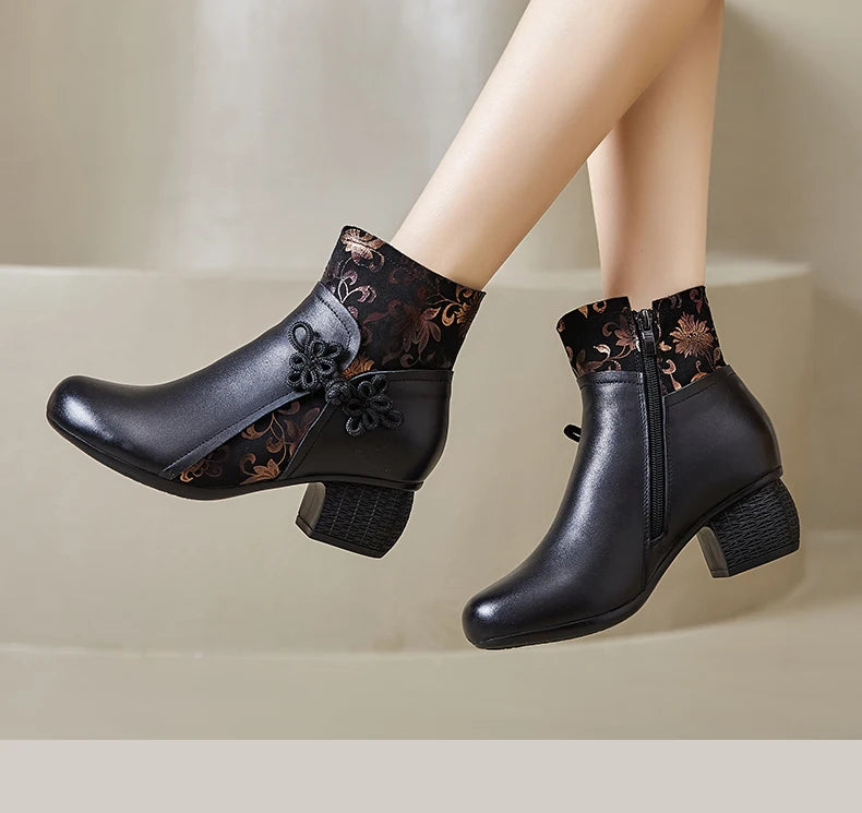 GKTINOO Genuine Leather Ankle Boots 2025 Winter New Ethnic Printed Women's Boots Soft Soles Thick Heels Mother's Leather Boots