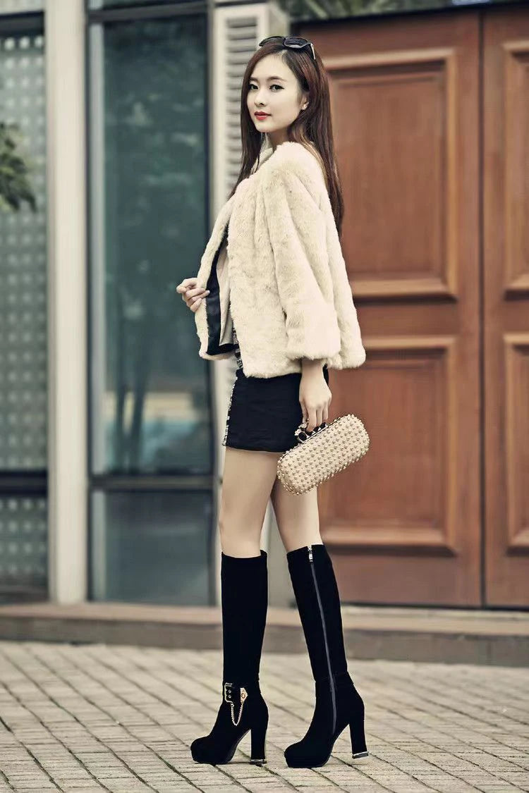 Ankle Metal Belt Buckle Metal Chain Frosted Flock Women's Elastic Boots Platform Ultra-High Thick Heel Zipper Knee High Boots