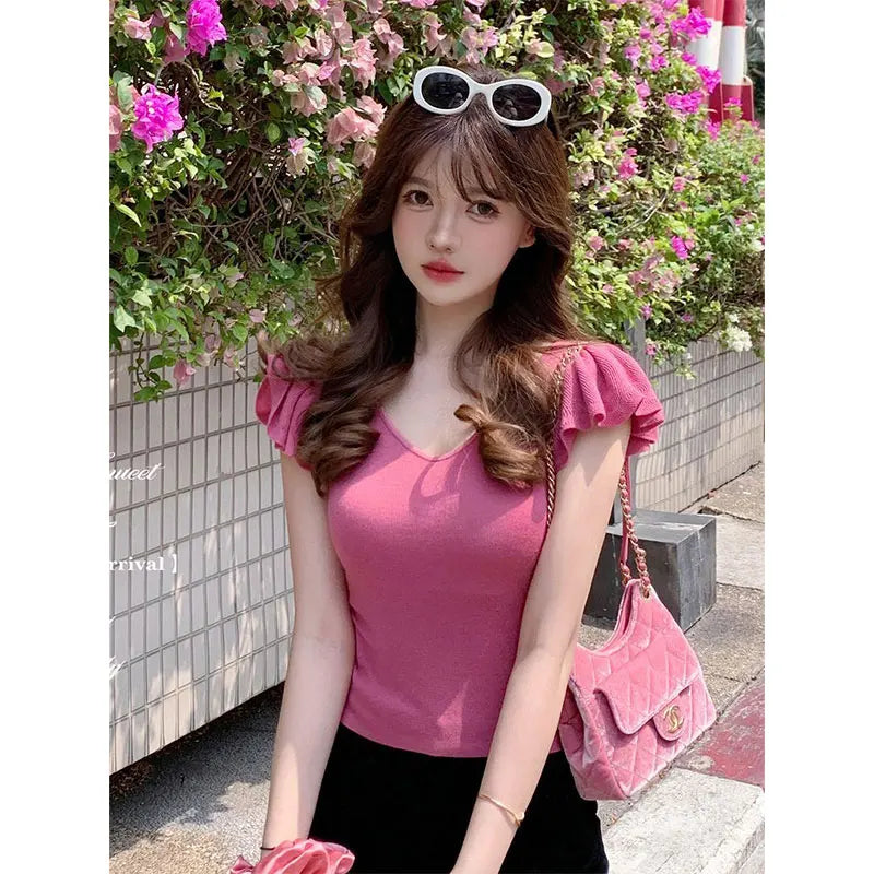 Women Clothes Summer Casual Fashion Simplicity Solid Color V-neck Tops Women's Trend All-match Sweet Temperament Slim T-Shirt SwiftNest