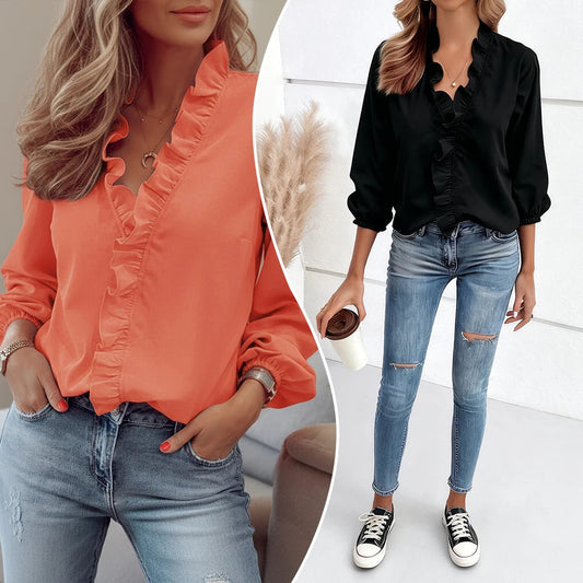 Women’s Autumn Fashion 2025 Soft Flounce Detail V-Neck Shirt with Voluminous Cuff Sleeves for a Cozy and Cute Vibe SwiftNest