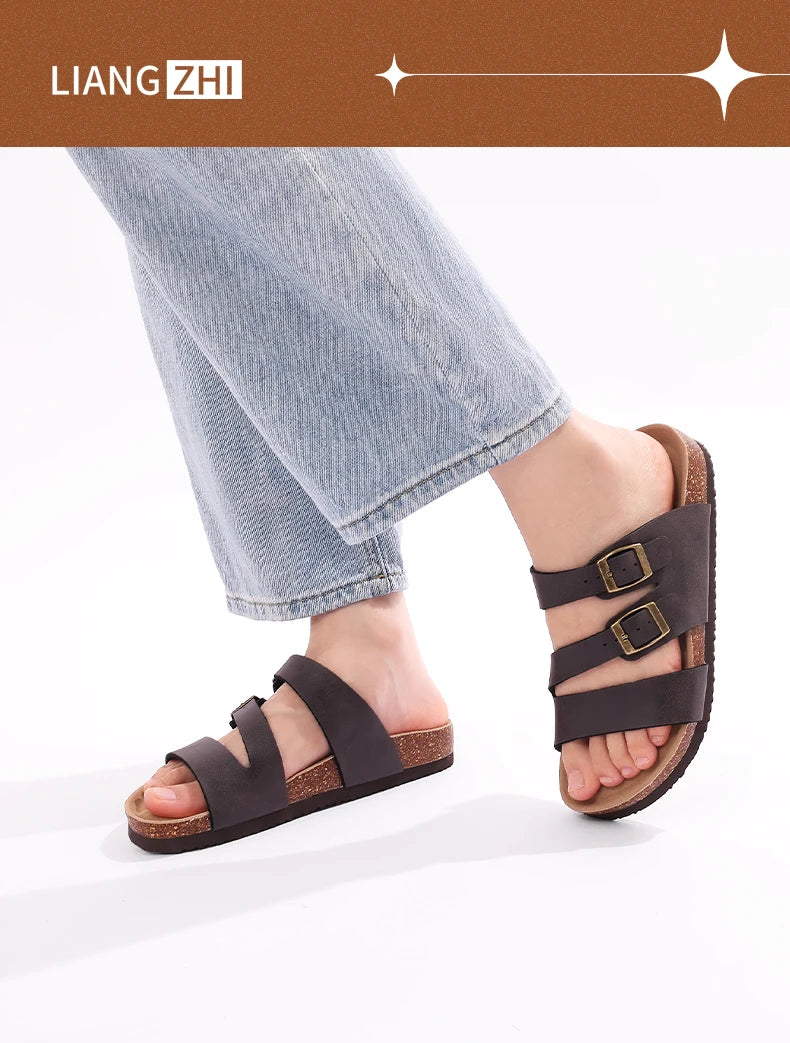 Comwarm Women New Clogs Slippers Summer Fashion Open Toe Beach Shoes With Double Buckle New Cork Footbed Mule Sandals Home Slide