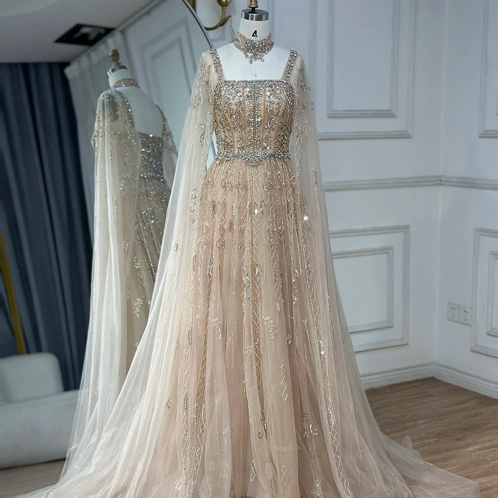 Serene Hill 2025 Arabic Nude A Line Cape Sleeve Crystal Beaded Luxury Evening Dresses Gowns Formal Occasion Customize BLA72764