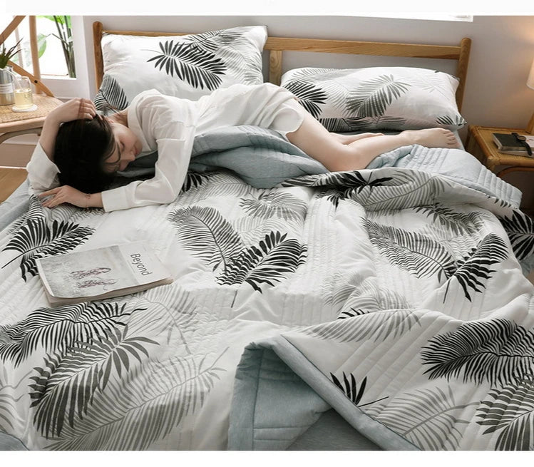 لحاف صيفي من القطن المغسول، لحاف مكيف للهواء، بطانية ناعمة وجيدة التهوية، مفرش سرير مطبوع عليه أوراق رقيقة، غطاء سرير، منسوجات منزلية