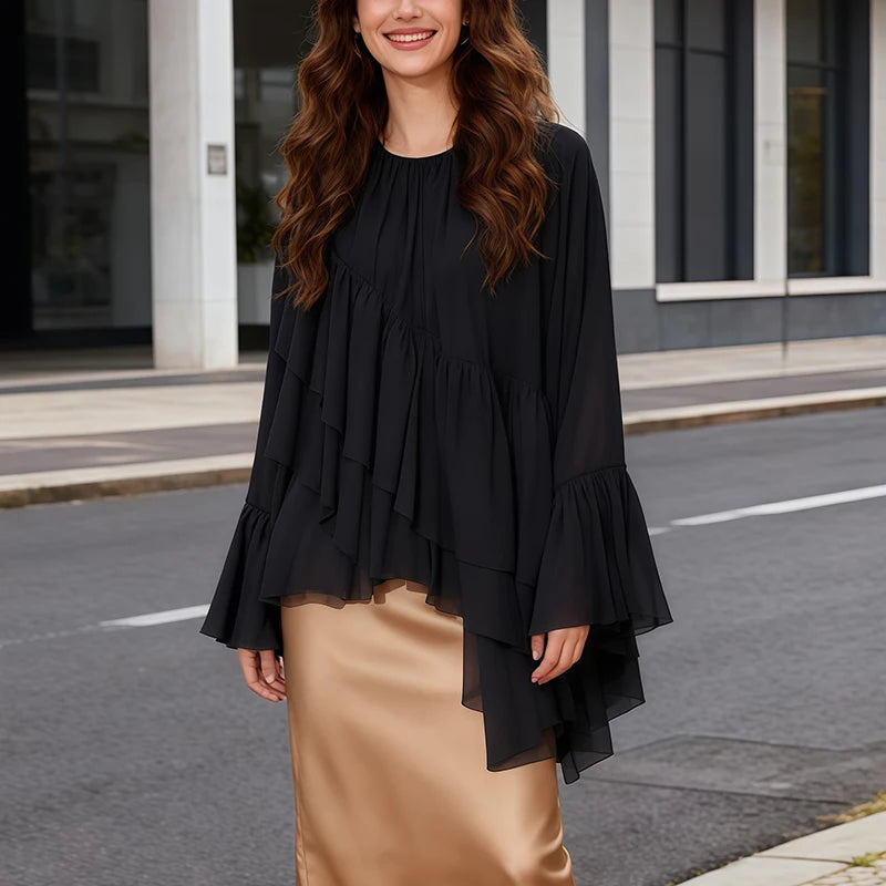 Womens Fashion Blouse Top With Ruffled Round Neck Long Sleeves And Asymmetrical Chiffon Shirt Autumn And Winter Casual Wear