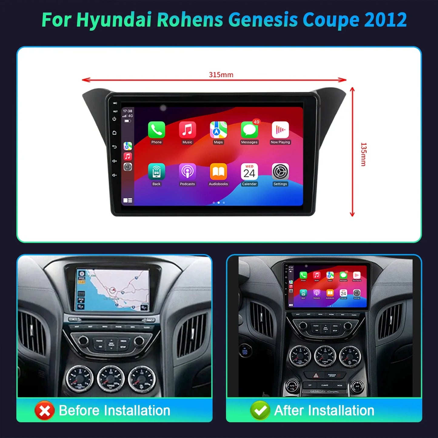Android 14  For Hyundai Rohens Genesis Coupe 2012  Multimedia Navigation Wireless Carplay Stereo Screen Car Radio