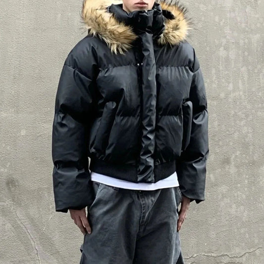 Mens Fashion Trend Hooded Fur Collar Cotton Coat Autumn And Winter Advanced American Street Thickened Coat Short Y2k Jacket Men