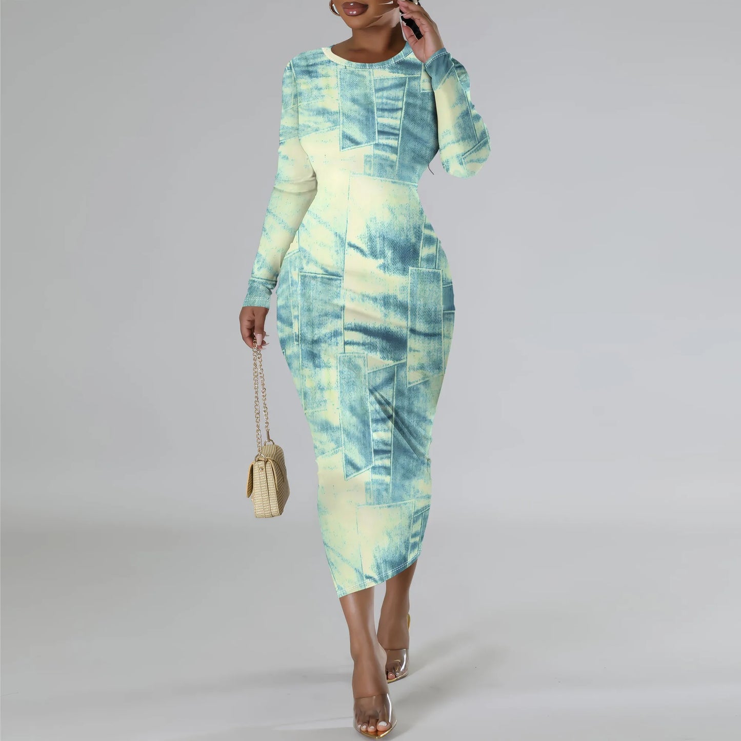 European and American women's fashion temperament casual print slim black dress