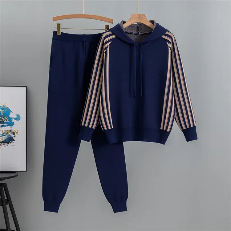 Fashion Autumn Women 2 Pieces Sets Casual Hooded Patchwork Loose Knitted Sweater Sports Harlan Pants Suits Winter Sportswear SwiftNest