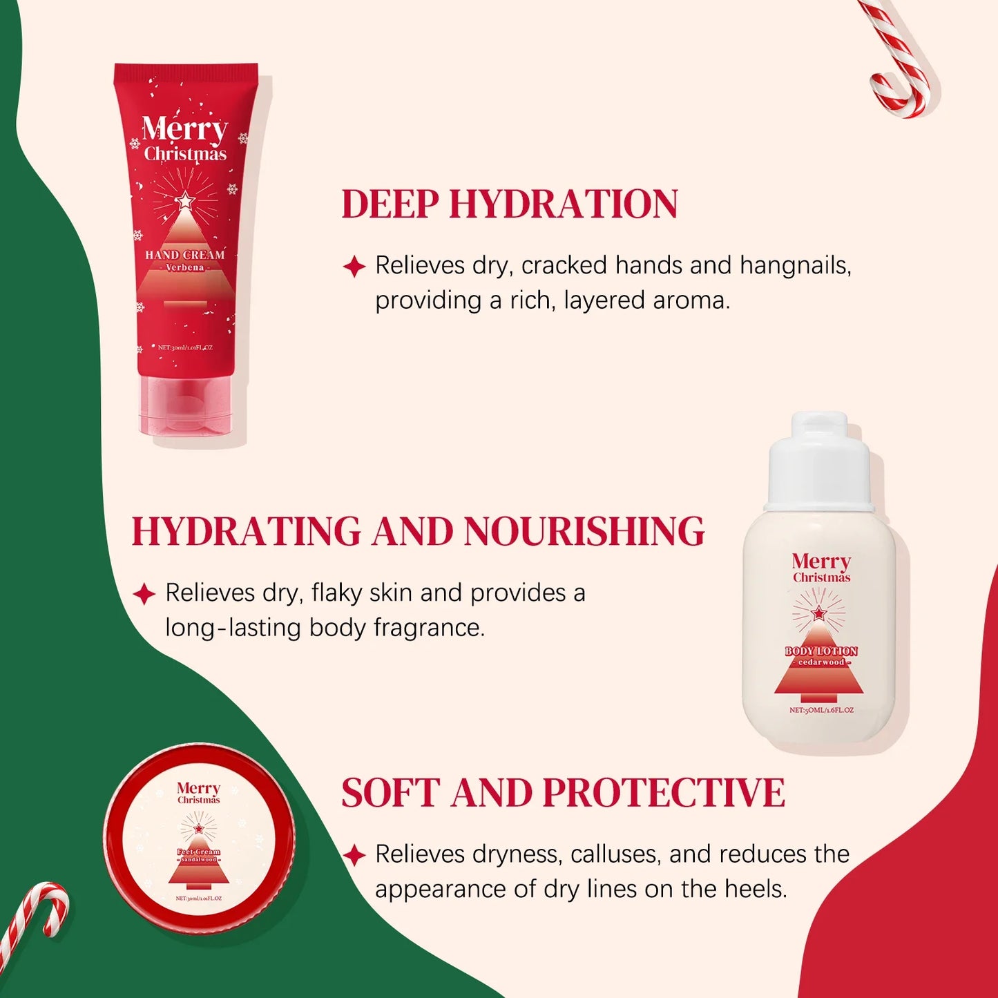 Merry Christmas 110ml Skin Care Gift Set - Hand Body Feet Cream with Nail Pen, Natural Verbena Cedarwood Sandalwood Fragrance
