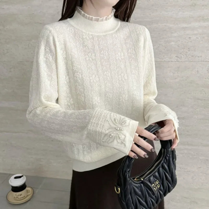 Women Clothes Autumn Winter Fashion Simplicity Lace Patchwork Knitting Half High Collar Female Solid Color Temperament Bottoming SwiftNest