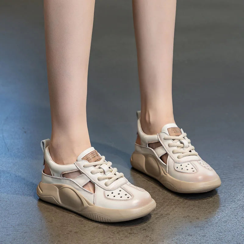 DRKANOL Platform Sandals Women Summer Round Toe Shoes Lace-Up Genuine Leather Thick Bottom Lightweight Casual Sneakers Sandals