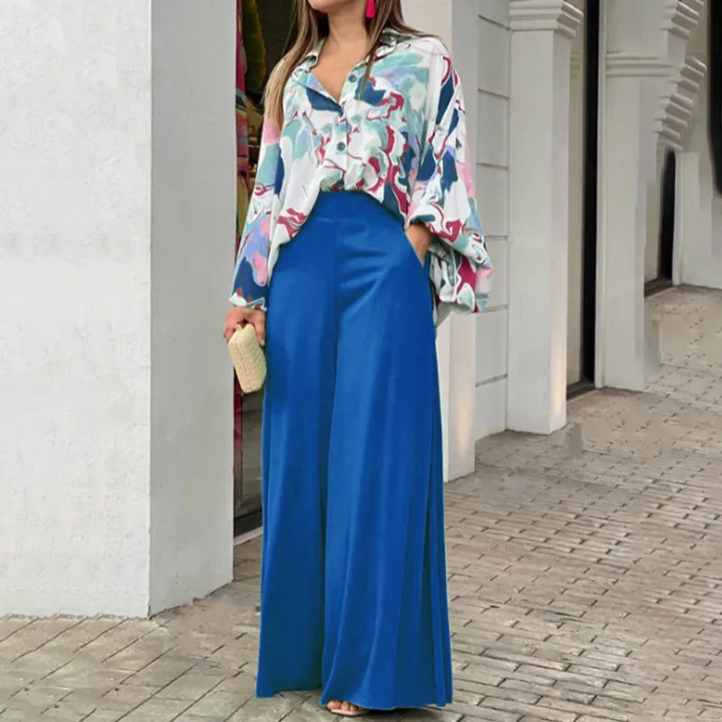 Fashion Casual Set Women 2024 Tops Shirt Elegant Wide Leg Pants Set Sense Of Design Printed Bell Sleeve Shirt Wide Leg Pants SwiftNest