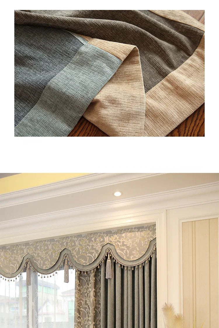 ستائر مخصصة لغرفة المعيشة، بسيطة، مزينة بدانتيل، شينيل أخضر، تطريز، ستارة من التول، قماش عالي الجودة