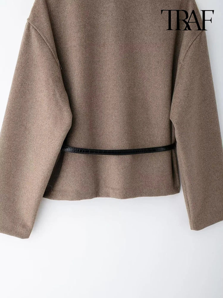 Women's Fashion 2024 fall and winter new elegant high street with belt loose V-neck solid color long-sleeved warm jacket