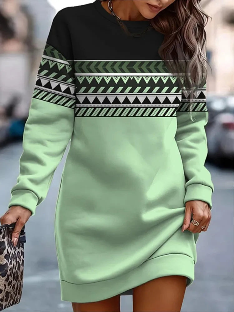 Women's Clothing 2024 Autumn Winter New Fashion Printed Round Neck Sportswear Long Sleeved Casual Loose Comfortable Dress