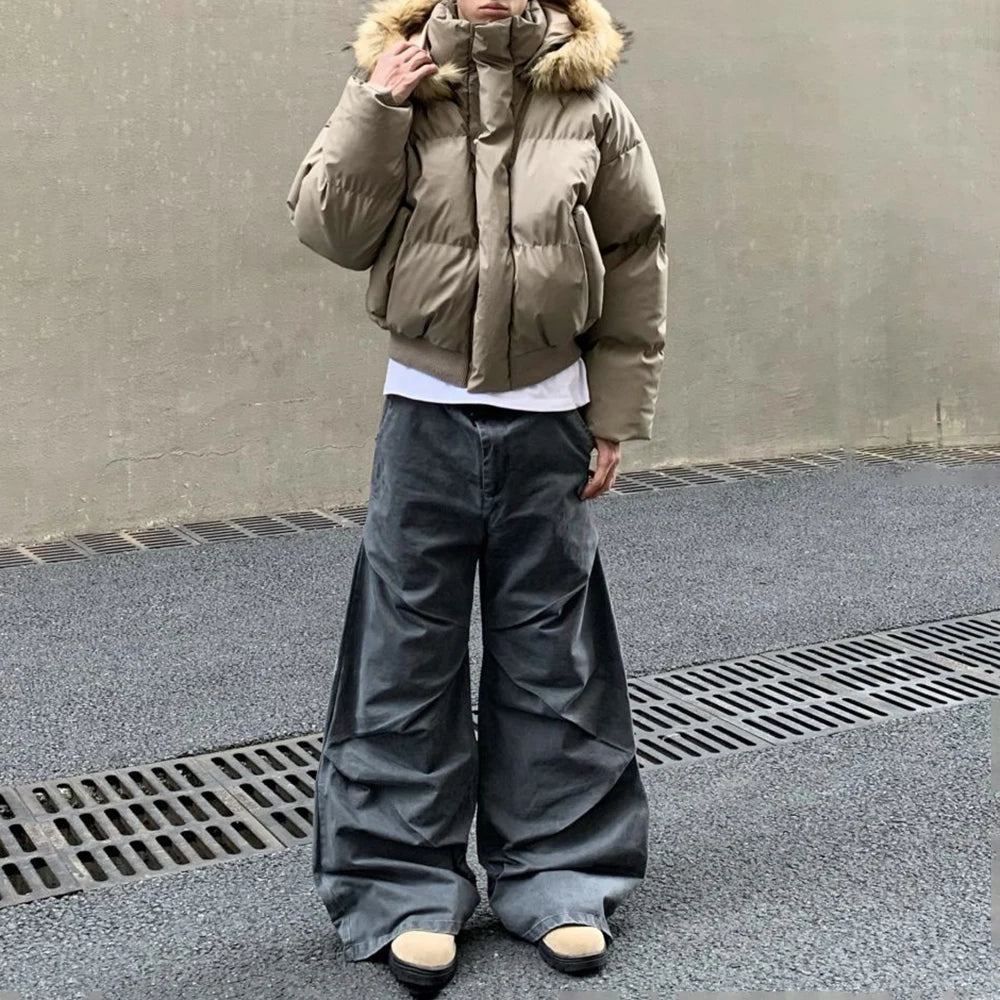 معطف رجالي من القطن بياقة من الفرو وغطاء للرأس لفصل الخريف والشتاء، معطف سميك أمريكي متقدم، جاكيت قصير للرجال من Y2K