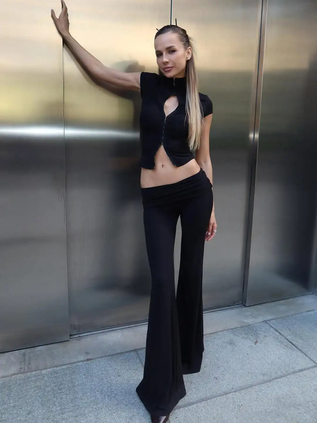 Women's Fashion Short Sleeve Pants Set Chic Tight Zipper Top Straight Leg Low Waist Trousers Casual Streetwear Commute Outfit