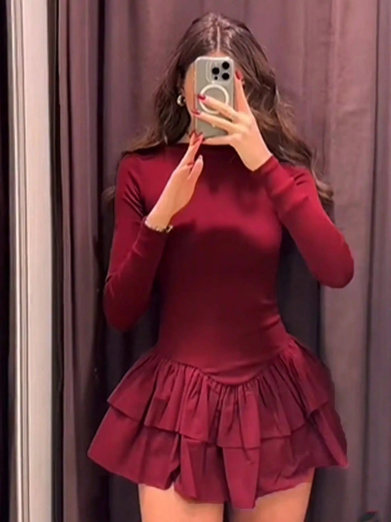 Women Fashion Solid Tierred Ruffle A-Line Dress Spring Elegant O Neck Slim Fit Mini Dress Autumn Long Sleeve Simple Boho Dresses