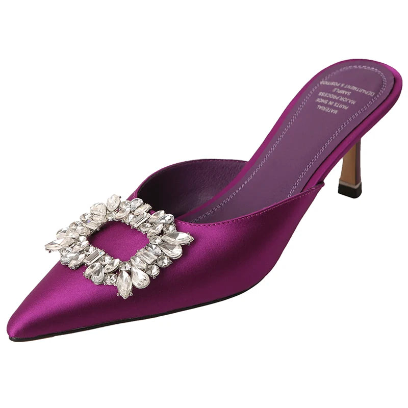 Drestrive 2022 Fashion Mules Crystal Knot Pointed Toe Women's Pumps Thin High Heel Summer Shoes Purple Dress Satin