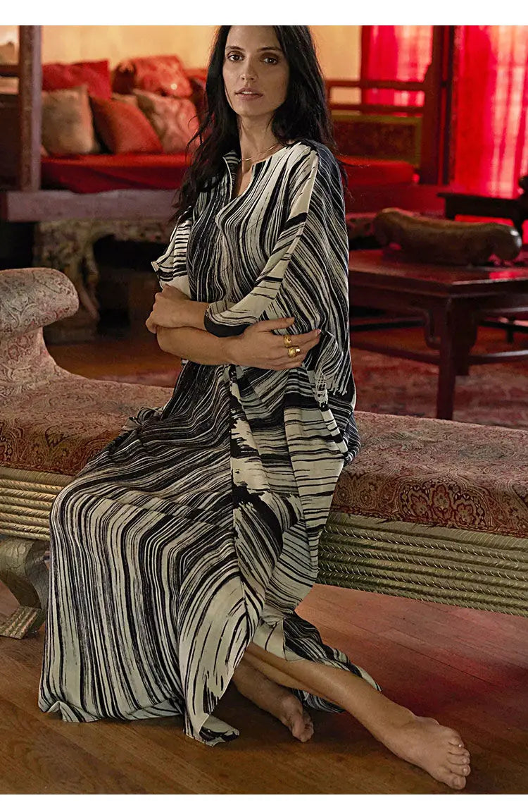 Women's Dress Fashion Beach Vacation Striped Printed Robe 2023 Summer New Casual Vintage Loose Waist V-Neck Long Dresses Female