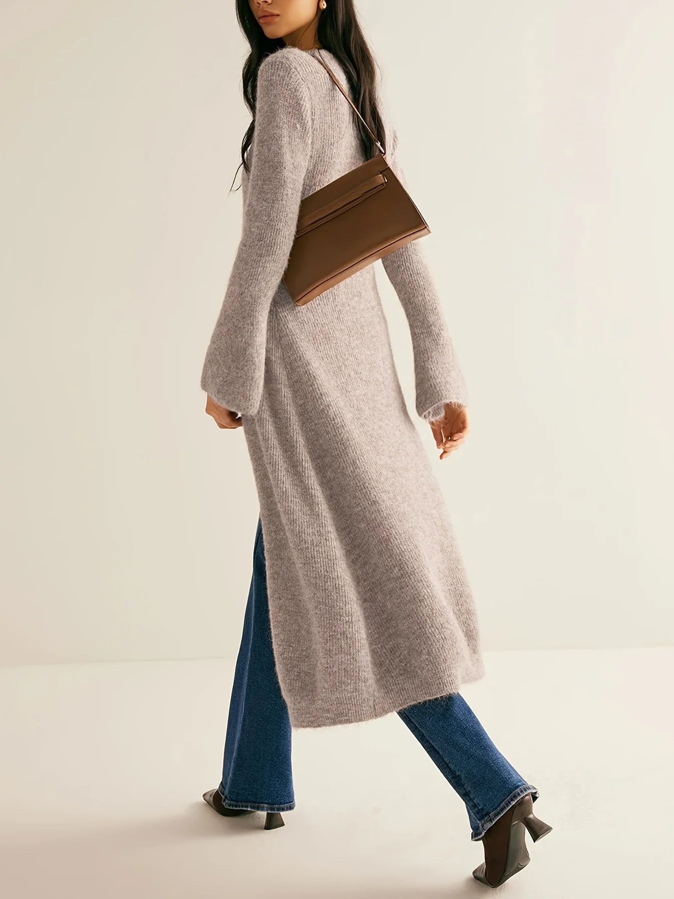 فستان نسائي: كارديجان محبوك رفيع عالي الجودة بفتحة رقبة على شكل حرف V، فستان طويل محبوك متوسط ​​الطول بلون واحد للنساء، سترة واقية من الرياح