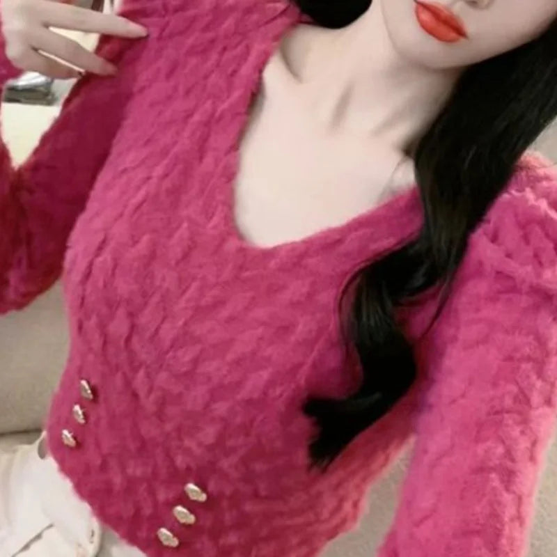 Women Clothes Spring Autumn Fashion Simplicity Elegant All-match Temperament Solid Color V-neck Puff Sleeve Button Long Sleeve T