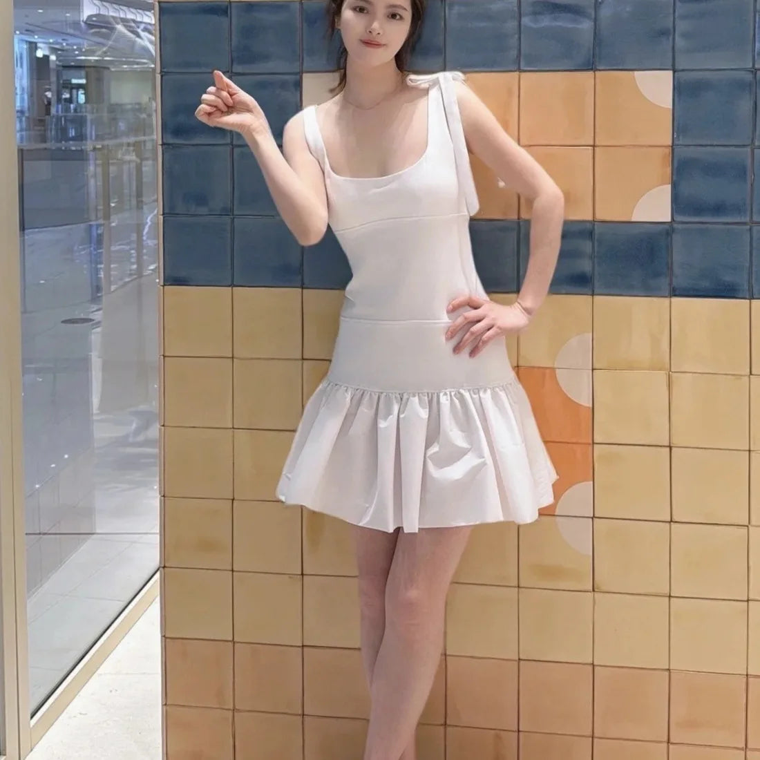 Women's white fashion patchwork dress with ruffled suspenders, slim-fitting square neck, elegant mini dress SwiftNest