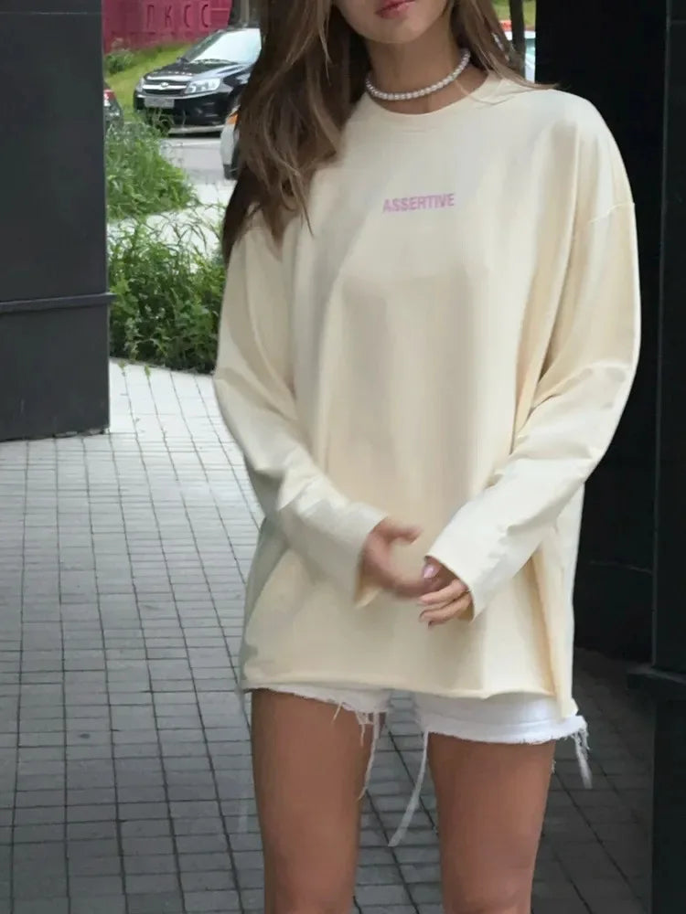 Women's Clothing Spring Loose Solid Color Round Neck Long Sleeve Tops Casual Fashion Simple Style All-match Trendy Comfortable