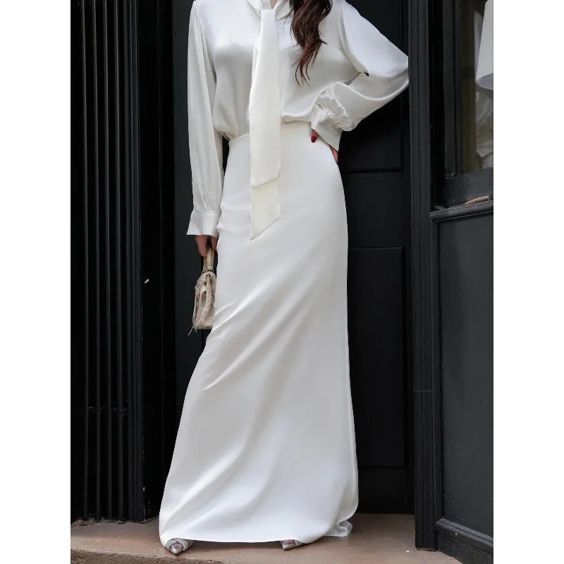 Women's Fashion Trend Sexy Goddess Level Satin Silk Feeling Floor Dragging White Fishtail Skirt Half Skirt Long Sleeved Silk Top