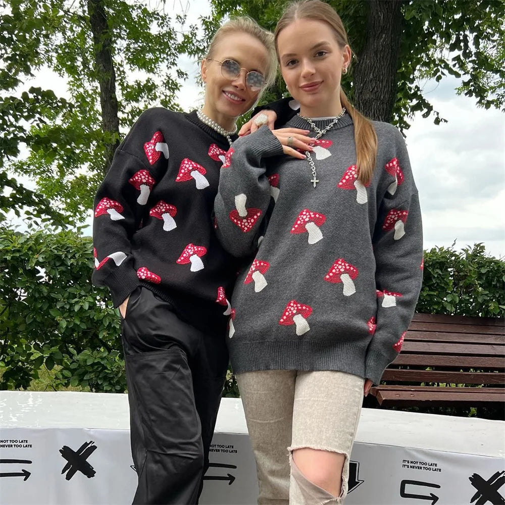 Women's Clothing Trend 2024 New Fashion Mushroom Graphic Print Sweater Long Sleeve Plus Size Tops Loose Casual Street Pullovers