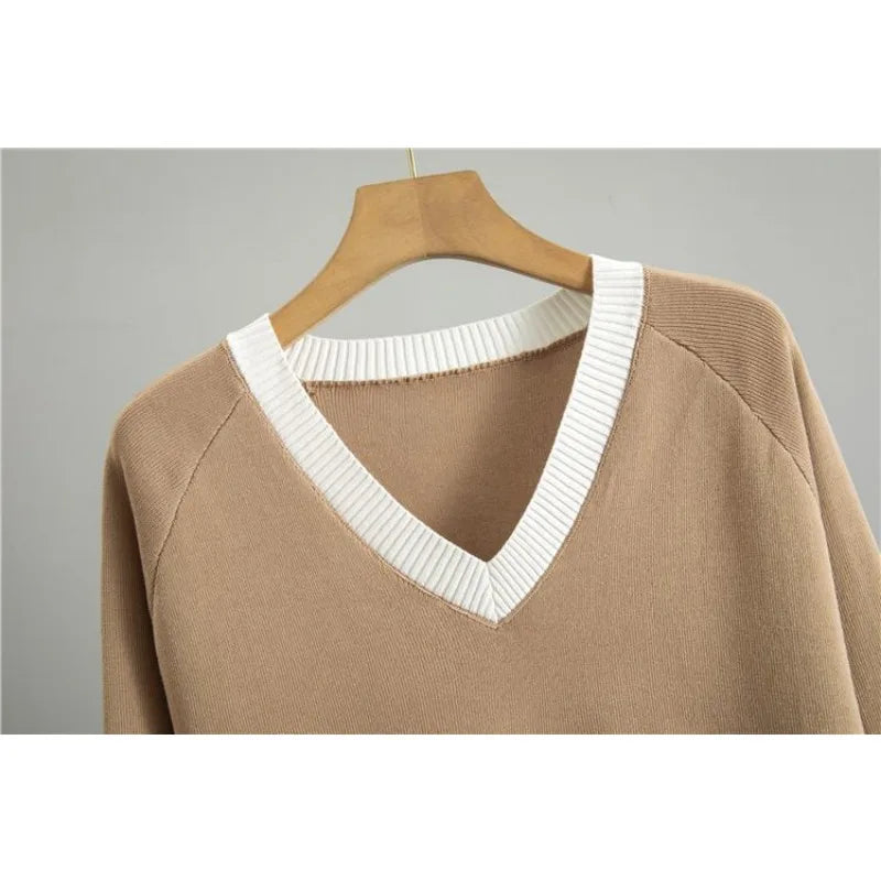 Fashionable Casual Suit for Women 2025 Spring and Autumn V-neck Contrasting Sweater Loose Wide-leg Pants Two-piece Set