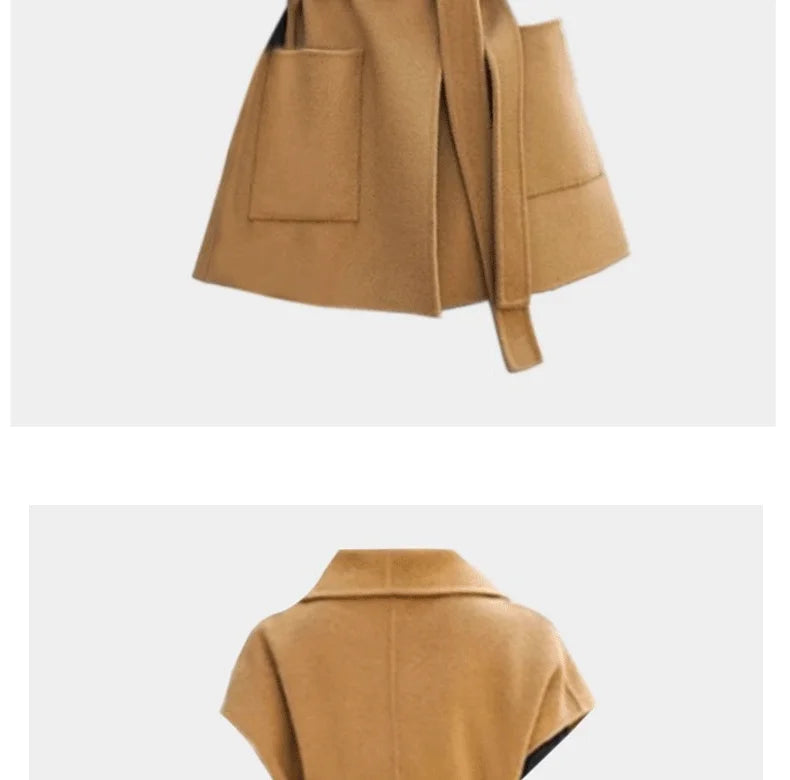 سترة صوف أنيقة للنساء لخريف وشتاء، صدرية متوسطة الطول من الصوف على الوجهين، سترة أنيقة للنساء مع مشبك على شكل حصان