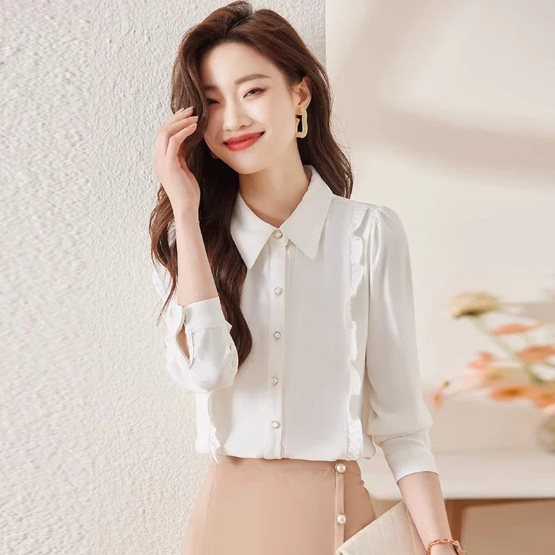 Women's Clothing Spring New French Style Long-sleeved Shirt Lady Chiffon Thin Fashion Blouses