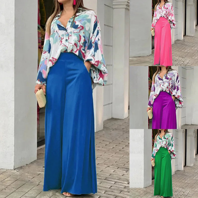 Fashion Casual Set Women 2024 Tops Shirt Elegant Wide Leg Pants Set Sense Of Design Printed Bell Sleeve Shirt Wide Leg Pants SwiftNest